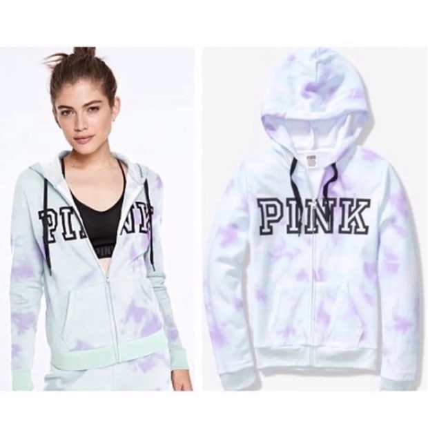 Vs Victorias Secret Pink Perfect Full Zip Hoodie Sweater Jacket Top Tie Dye M
